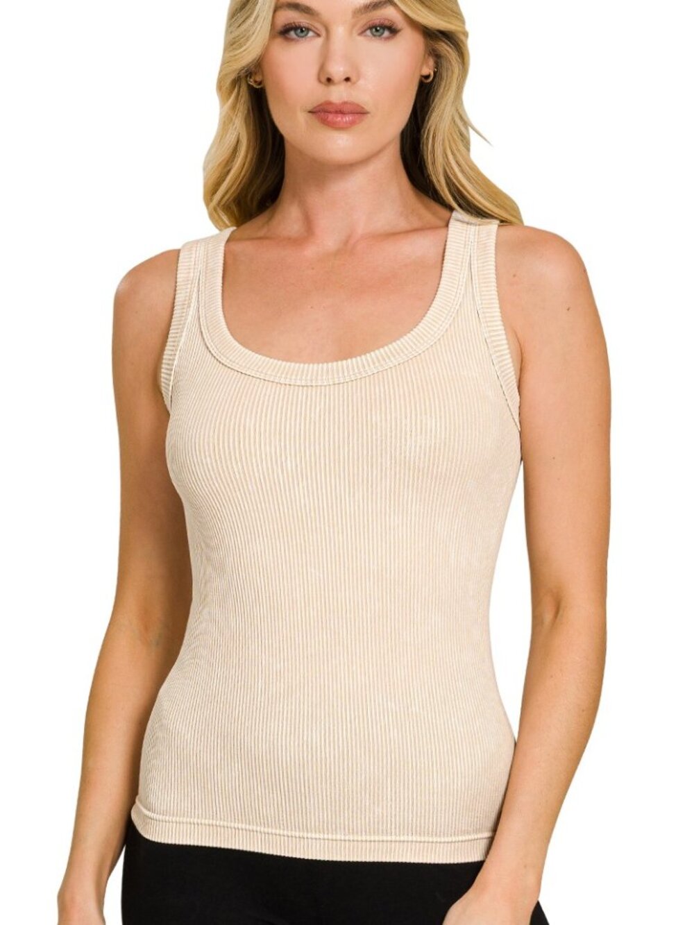 BB109 |  Two Way Neckline Washed Ribbed Seamless Tank Top - Sand Beige